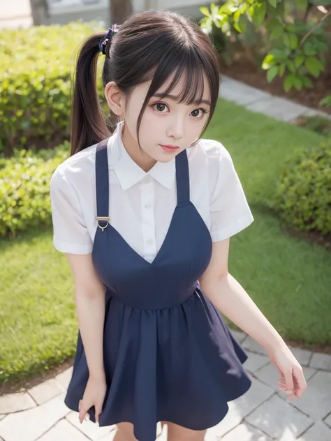 1girl with cute face and black ponytail hair, standing posing, wearing white shirt and pinafore length over knee, (dark blue uni...