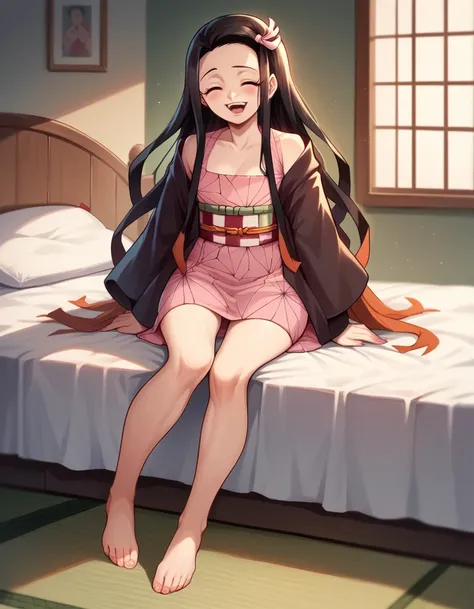 nezuko ,demon slayer,happy expression on her face ,full body visible,waifu,bedroom,extreme short dress,feet fetish pose