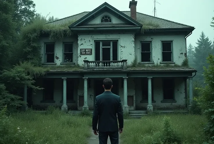 An old abandoned goverment police officer big house surrounded by greenary with do not cross police labels on that and a man standing in front of that and back shot of him  low light theme