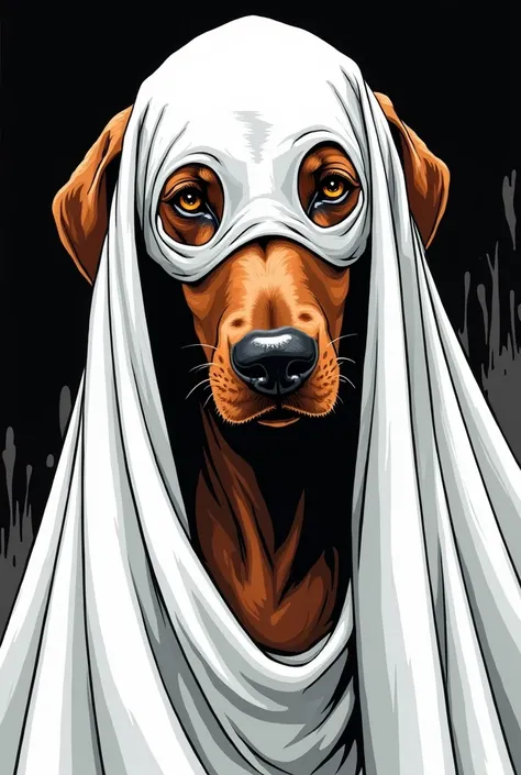 beautiful vizsla with big eyes in Peaky Blinders style as a ghost under bedsheet with holes for eyes as a mask as a coloring picture in black and white comic picture