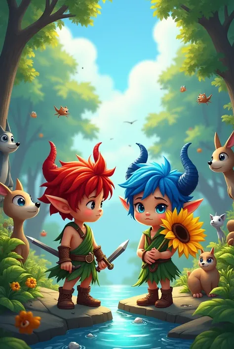 Marko and Mike title poster, Marko has red hair and Mike has blue hair, Marko carried a sword with a haughty face, no smile, strong, and Mike brought a giant sunflower with a smile. They are both short and cute wearing tattered clothes made of plants., and...