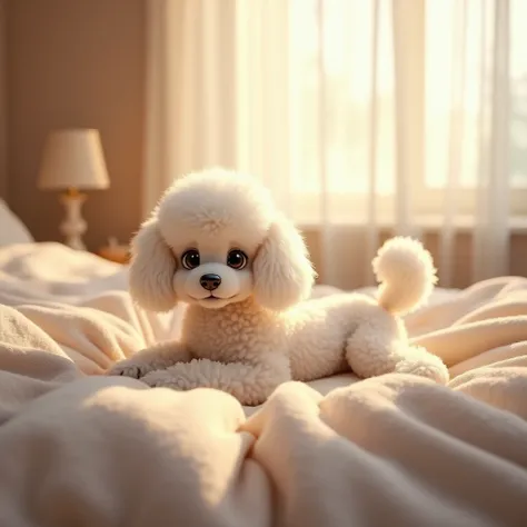 A cute poodle waking up on the bed