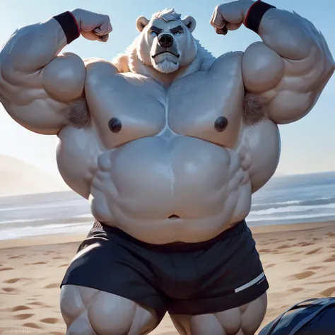 huge bulked up muscular polar bear in Californian beach, big grunting noise, big bulked up flexing body, polar bear, huge white fur, thick arm, huge arm, added gray mustache, added gray beard, short white hair, weight: 440lbs, (veiny bulked up muscular, pe...