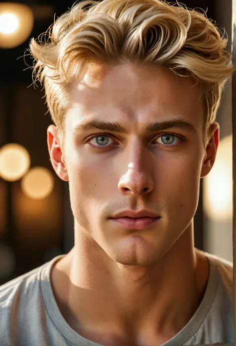 ultra-realistic conceptual photo of a young handsome blond white man, a beautiful european man with bright grey eyes, in a shirt...