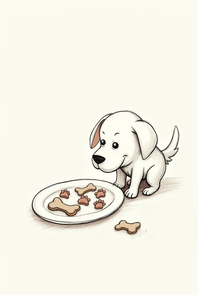 A paper with a hand-drawn sketch of a plate with dog treats in the shape of paw prints and bones, and a dog was also drawn looking at the plate. That it is not drawn so well, just as a basic drawing