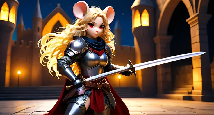 full body Esbian、Cool Female Mouse、Pop Female Mouse、diorama、symple background、bandana、holding sword high, masterpiece, long-blonde curly hair, Best Quality, Capture super cute moments, depth of fields, ultra-detailliert, Ultra High Resolution, Octadale, 8K...