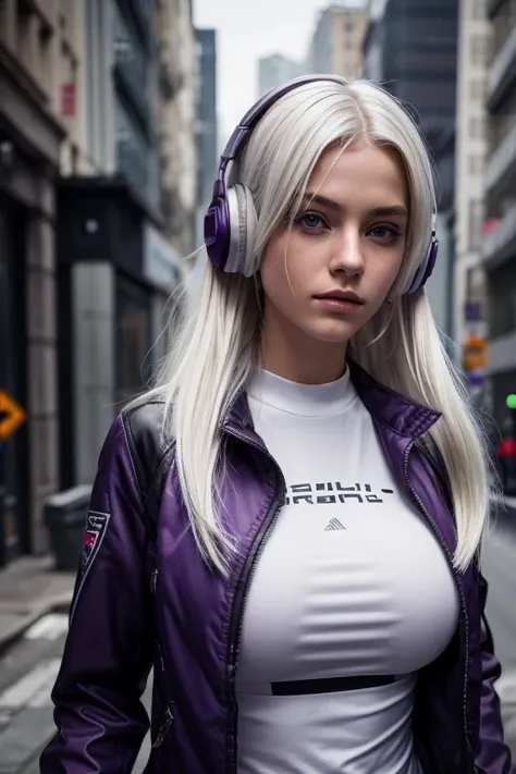 1 girl, White hair, long hair, Techwear masterpiece, best quality, realistic, Realism, dark purple jacket, portrait, detailed eyes, Wear a headset, Platinum blonde hair, 2 girl, mode pose, whole body, far shot, on the street, Big boobs 