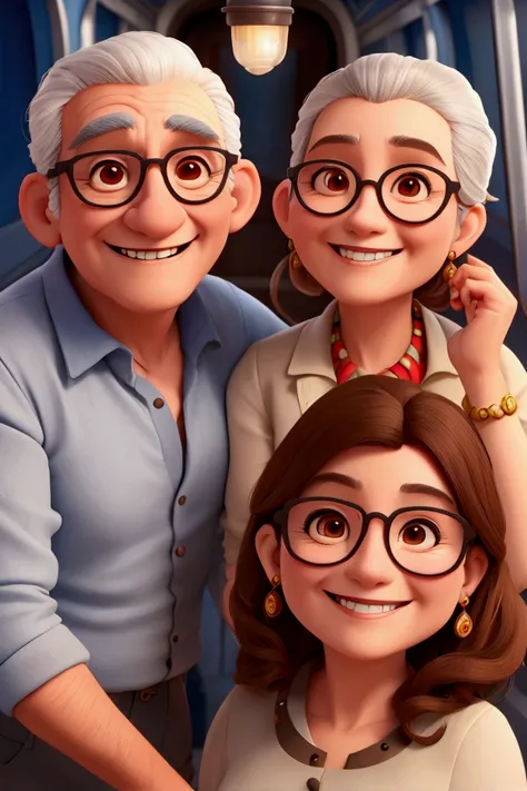 Pixar style image with 3D character un anciano y una anciana en un tren, Disney Makeup,fisherman, cute, smiling ,Close-up, Pixar, Disney, Cinema lighting,