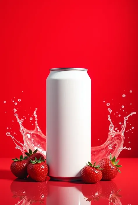 white blank juice can and the  background i wnat some strawberries with water flash effect and red color full background
