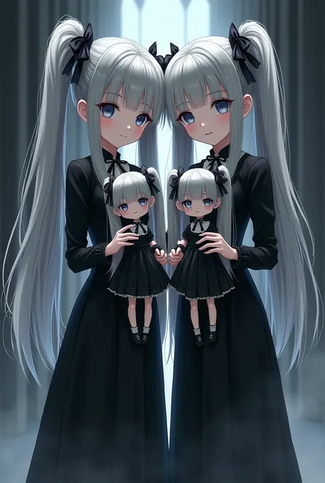 Make twin girls they both have gray hair with two high pigtail black style dress different design angels of death style from the anime angels of death make them carry dolls