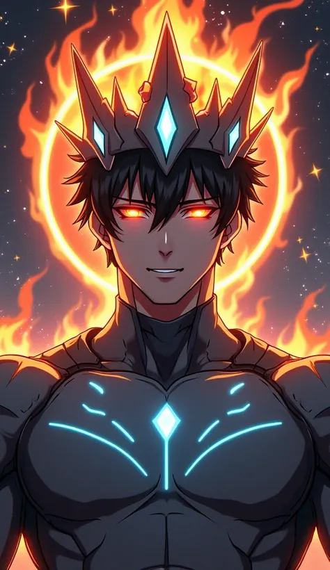 Create an image showing the face and upper chest of a muscular young man with black hair and glowing orange-red eyes. He is wearing a black crown with five sharp spikes, each spike engulfed in orange flames, releasing dark gray smoke. The crown is adorned ...