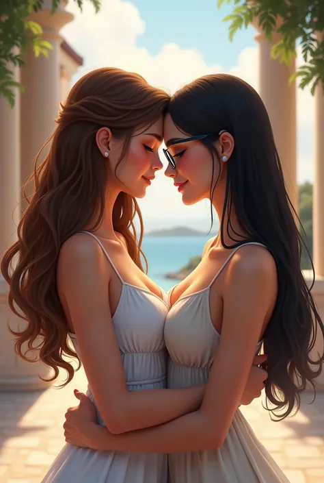 Two nice women in Greek profule, One with long wavy brown hair and light brown skin and another with white skin and black straight hair and weaes glasses kissing