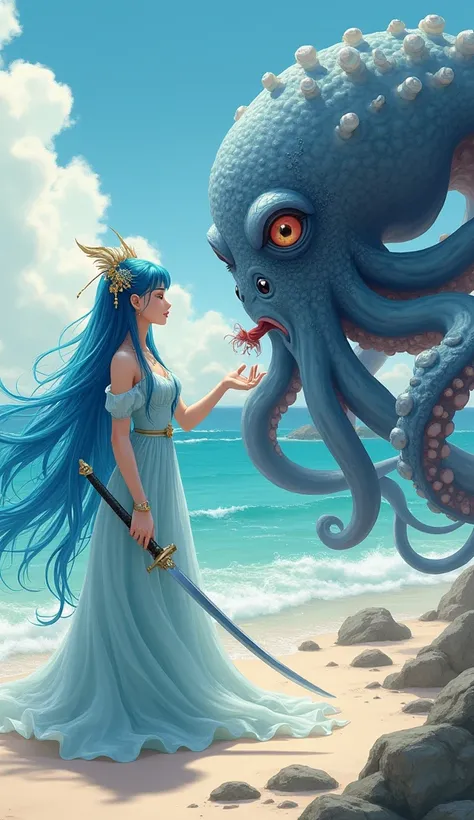 on the beach,Cute and silly,Chinese Dragon Princess,Long flowing blue hair,dragon hair accessories,Wearing fairy exquisite silk satin,hand holding long sword,Being sprayed with ink by a big octopus