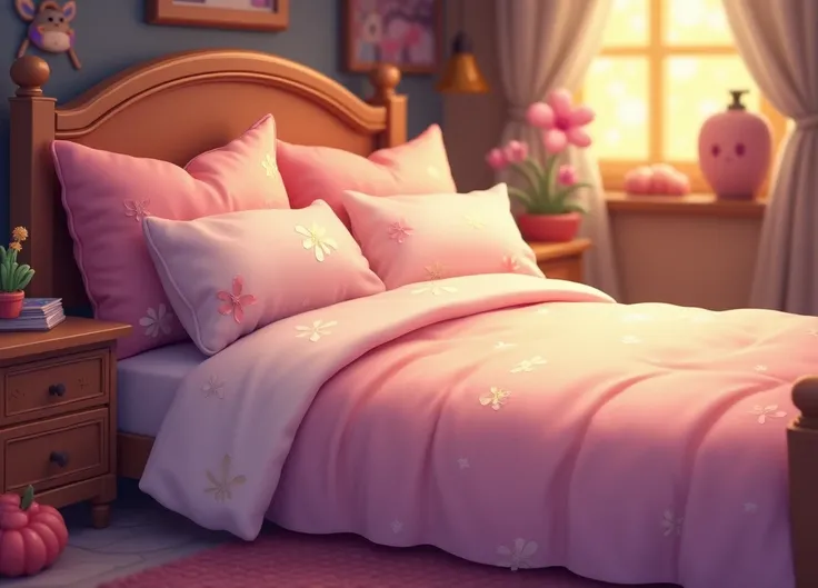 fantasy, cartoon style, a bed with pillows on it, soft lighting