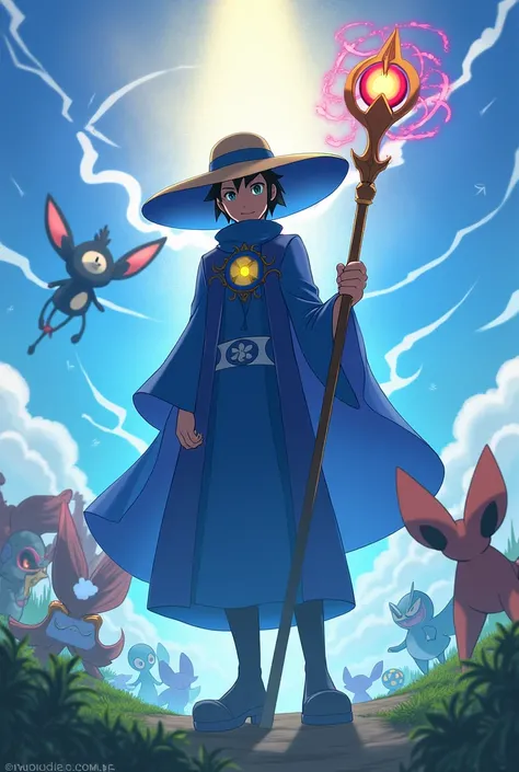 Pokemon, aura guardian, blue, cloak, staff, sunhat