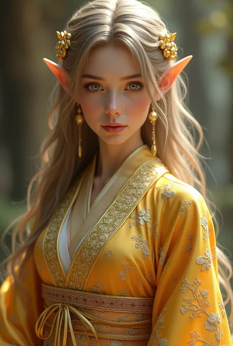 Beautiful Elf Princess in gold kimono outfit,, 3d render.looking at the viewer, high detail