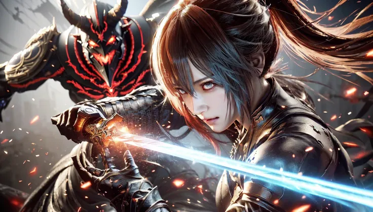 anime girl with sword and demon in background, game cg, 2. 5 d cgi anime fantasy artwork, badass anime 8 k, blade and soul, code vein, action rpg video game, cg art, female protagonist, ultra detailed game art, lineage 2 revolution style, akihiko yoshida. ...