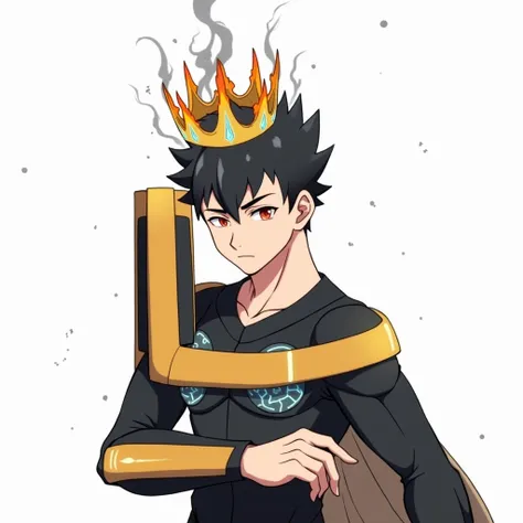 Create an image showing the face and upper chest of a muscular young man with black hair and glowing orange-red eyes. He is wearing a black crown with five sharp spikes, each spike engulfed in orange flames, releasing dark gray smoke. The crown is adorned ...