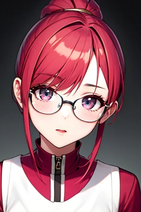 girl, with red hair with a pink clip placed in her hair big eyes with glasses very cute 