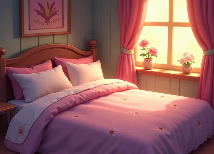 fantasy, cartoon style, a bed with pillows on it, soft lighting