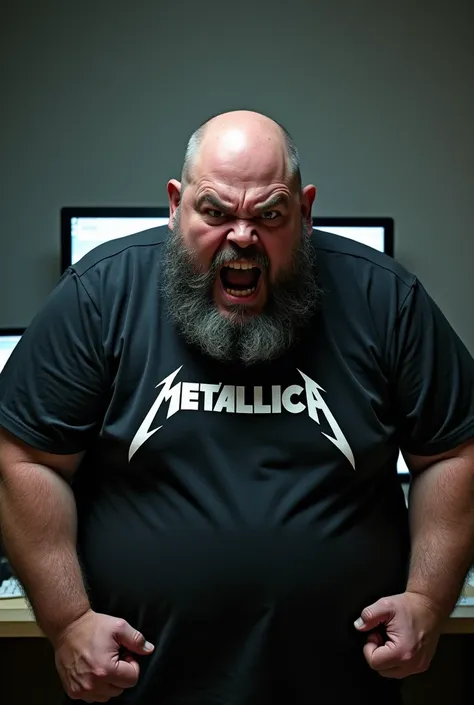 a bald fat man with a grey beard is angry with a metallica shirt on in front of a computer