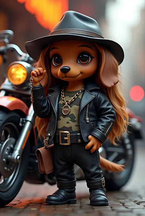 high quality　High image quality　Advanced Defrost　Very detailed　Dachshund　Chibi　Mimicry　Harley Davidson(In detail)stand next to　Hunting hat on head　One hand is touching the hat　The hair on the ears is long、Reach up to the waist.、Soft and beautiful hair　She ...