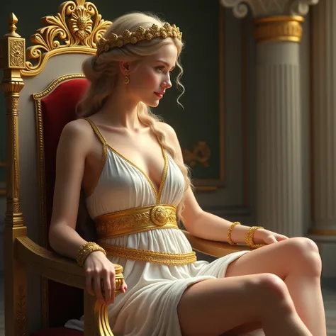 A young Greek goddess in a short white toga, Golden Belt, golden bracelets, sandal, blond hair, golden laurel wreath, sitting on a throne with her legs crossed,  gentle look, shy smile, very beautiful, thin waist, Big breasts, photo realistic, full body ph...