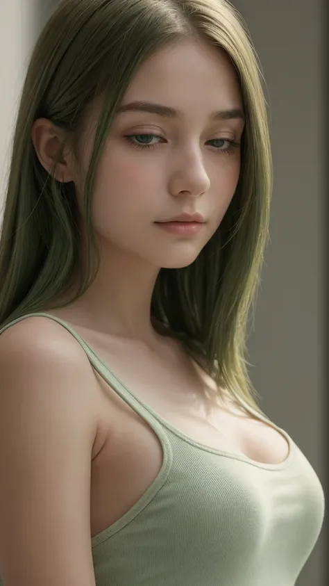 profile portrait. a girl. europe. extremely detailed face. shy expression. delicate features. green eyes. half-closed eyes, gentle, soft. thin lips. long straight hair. green hair. white tank top. big breasts. upright posture