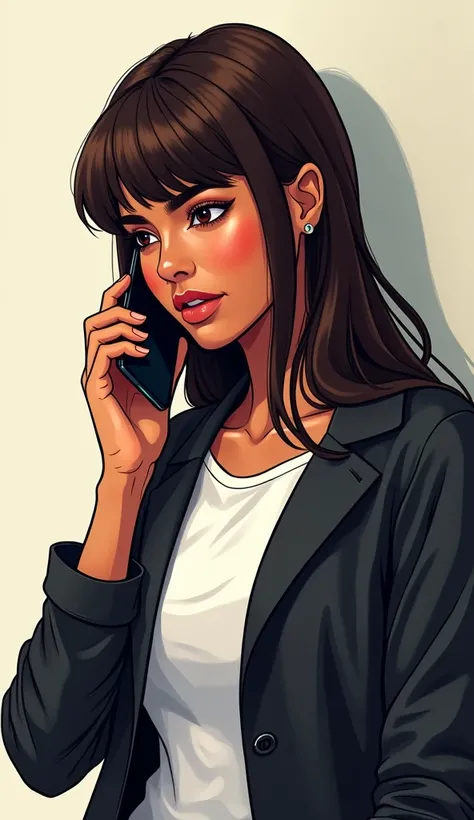 Stylish drawing of a young woman, black-skinned, mixed latin race, long straight hair with bangs, brunette, american toon style, answering a call on smartphone, wearing a black jacket and a white t-shirt. (Stylish comics:1.3), (master piece:1.5), (wallpape...