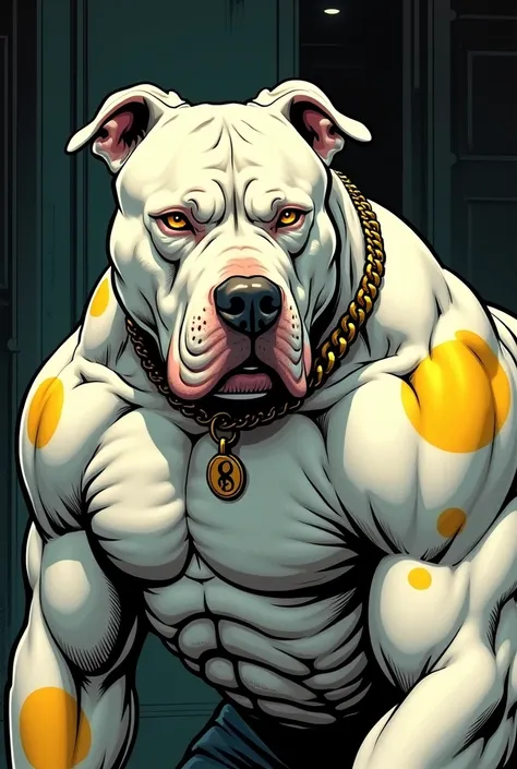 Pitbull American Terrier White with yellow spots Mobster Muscular For a comic 
