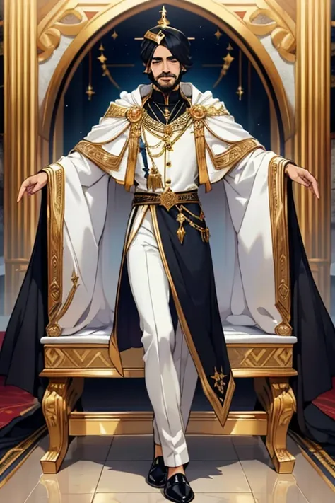 male, black short hair, blue eyes, dark skin, (((1boy))), (((white and gold royal Arabian robes))), (black pants with gold trim), (black turban with sapphire), (black shoes), (gold rings), goatee, moustache, handsome, long legs, smiling