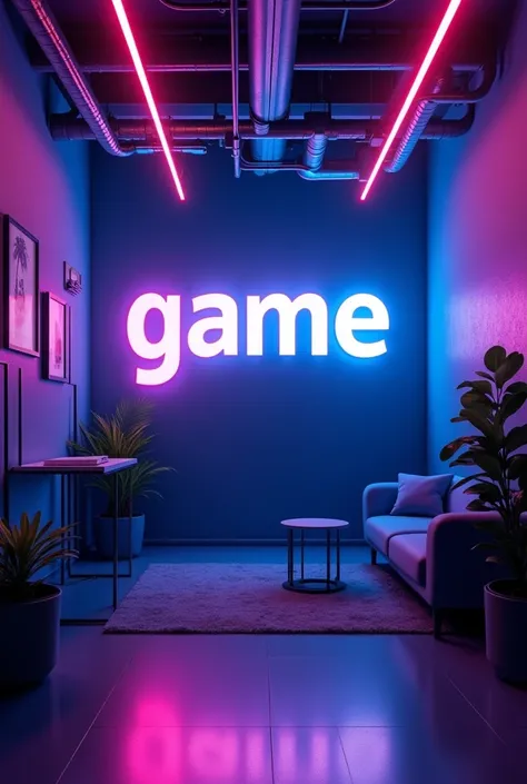 The game has light neon lighting in the background、The word &quot;game&quot; is written on the back wall.。The room has night neon lighting。