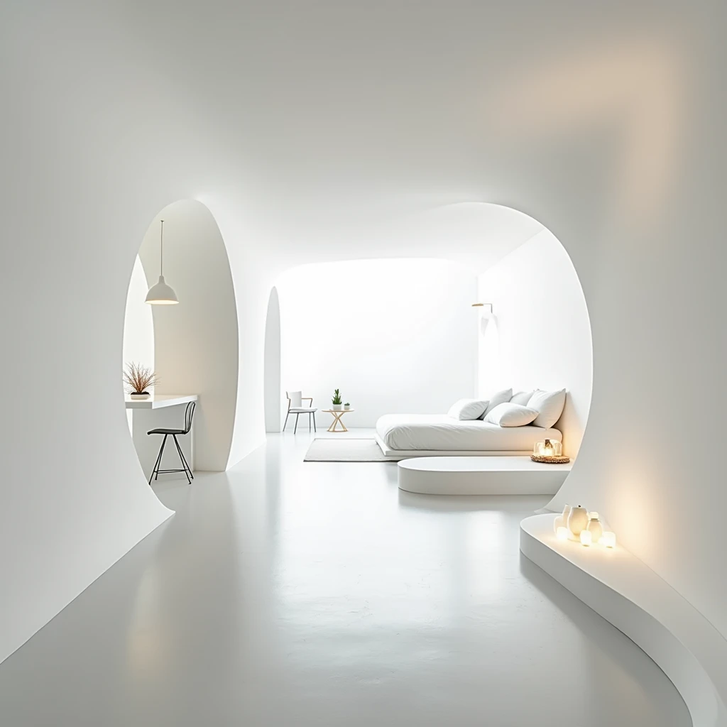 Minimalist, curves Minimalist,Interior、Renovation、Apartment、Inorganic,studio,White room,Wide-angle lens、concrete、simple、curve、Natural Light、Few furniture、Shiny floor、Low ceiling