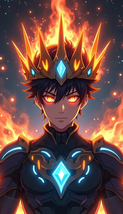 Create an image showing the face and upper chest of a muscular young man with black hair and glowing orange-red eyes. He is wearing a black crown with five sharp spikes, each spike engulfed in orange flames, releasing dark gray smoke. The crown is adorned ...