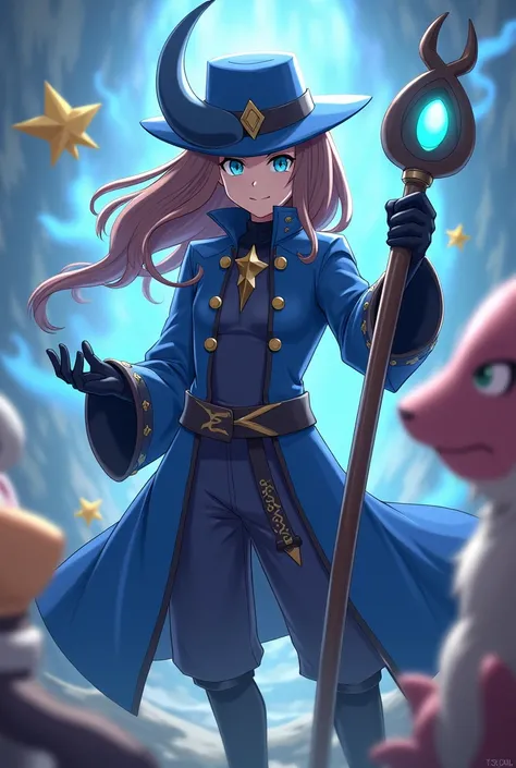 Pokemon, aura guardian, blue, rube and tunic, staff, fedora v-tail, brown hair, black gloves