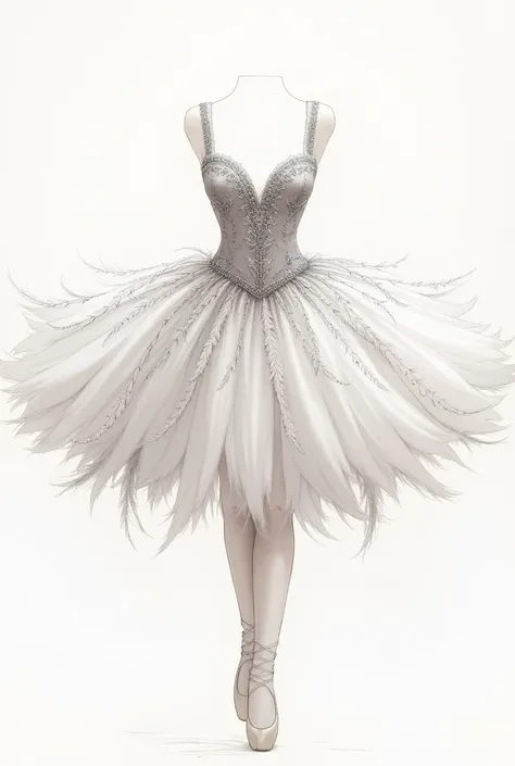 Create a realistic hand-drawn watercolor sketch of Odette&#39;s tutu from the Swan Lake ballet seen from the front with silver glitter and lots of white feathers without a person&#39;s body., just the tutu