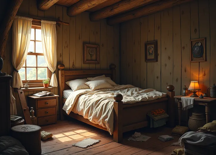 bed in fantasy bedroom, wooden walls, mess, Peasant house, soft lighting, 