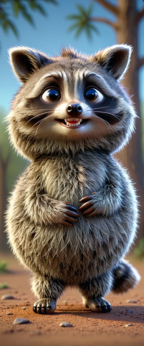 3d render of a sphrml spherical chubby a captivating photograph of a cute extra fluffy baby realistic racoon,  in outback