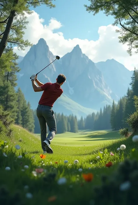 Man playing golf, grass, dark green, mountain, clouds, wild frame, Horizontal 