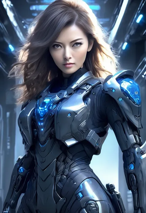 A female police officer wearing exoskeleton cyber armor, The armor fits snugly、He has a plasma gun in his hand., Full Body View, Maximum details, Detailed drawings and excellent quality, 8k,chest, blue eyes, blue eyes, Take a look, Take a look, High resolu...