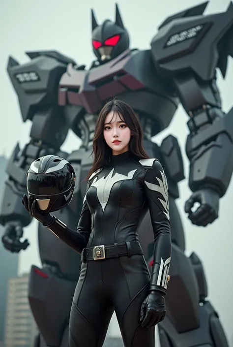 Korean girl with white skin 19 years of age wearing black Power ranger with white patterns holding her bat themed Black power Ranger helmet in one hand dynamic pose moving, a big bat megazord behind her just like a movie poster