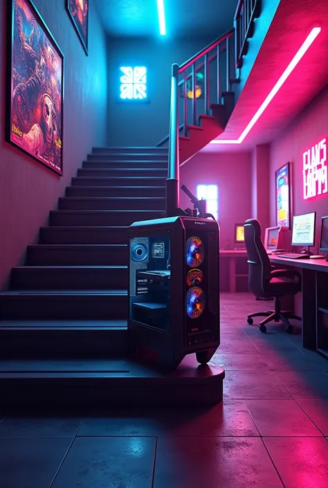 With ultra-realistic images of colorful game rooms、There is a black computer at the bottom of the stairs.、「STREAM」The letters are displayed。