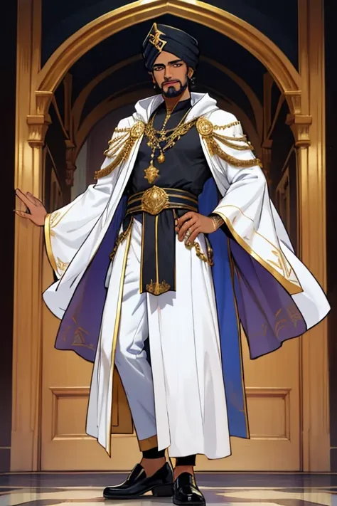 male, black short hair, blue eyes, dark skin, (((1boy))), (((white and gold royal Arabian robes))), (black pants with gold trim), (black turban with sapphire), (black shoes), (gold rings), goatee, moustache, handsome, long legs, smiling