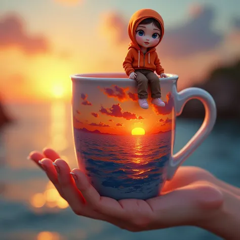 A stunning photorealistic cinematic 3D alcohol ink artwork featuring a vibrant sunset scene., beautifully displayed on a cup. The cup is decorated with swirling gradients of warm colors., from bright oranges and reds to cool purples and blues. Hyperrealist...