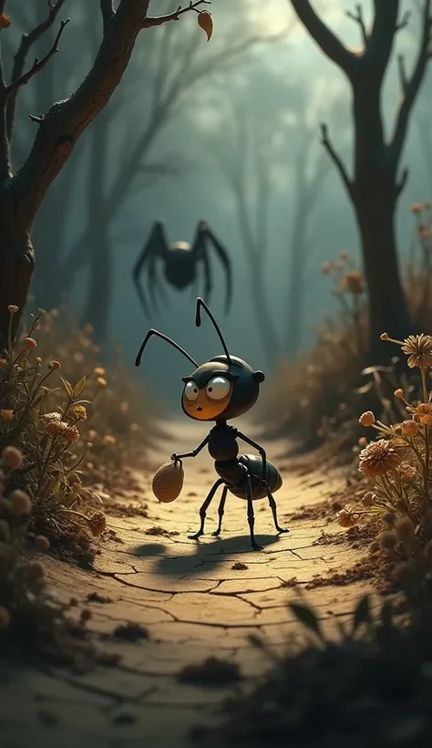 Enterprising animated ant Imagem: A dark and neglected field, with dry trees and withered flowers. Sale, the ant, is seen carrying food in an environment of darkness and desolation. Zara, The spider, is hidden in the shadows of the dry leaves.