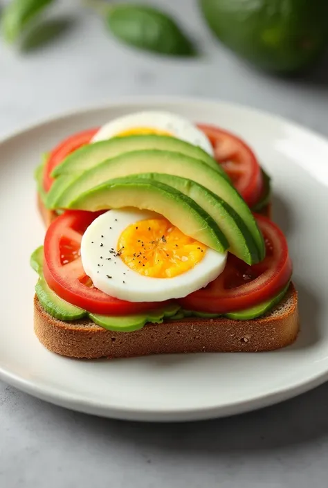 Whole wheat bread, two slices that should be made with avocado, sliced hard-boiled egg and 2 slices of tomato, It should be on a plate without a bottom or anything, the image must look real, without any other food mentioned or leaves or stems for decoratio...