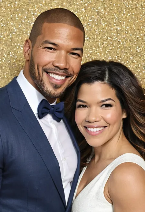 America Farrera and a handsome African American male whose facial features are a combo of Charles Michael Davis + Laz Alonso + Broderick Hunter pose together for a photo. Both are smiling. Both are attired attractively but casually for a date. America has ...