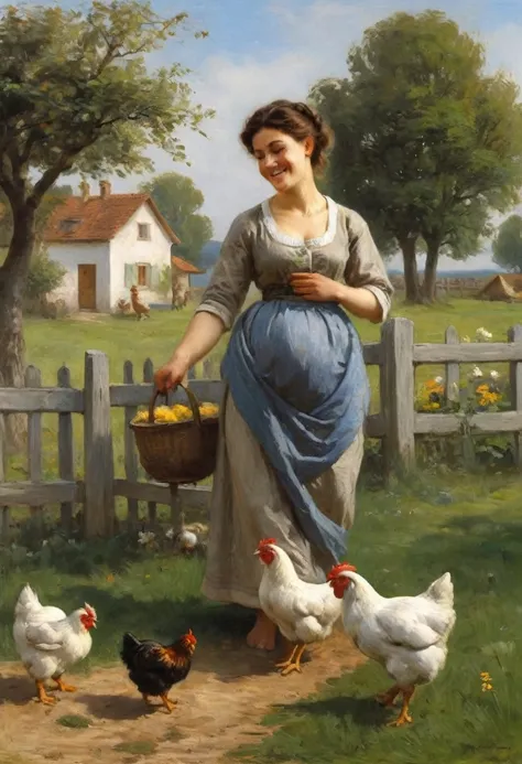 Oil painting, high detail, beautiful and happy woman bent over a cradle in which a small child is frolicking, in the background a spreading tree, a house behind a fence, chickens walking in the yard, painting ‘Maternal Happiness’ by artist Rudolf Epp, Rudo...