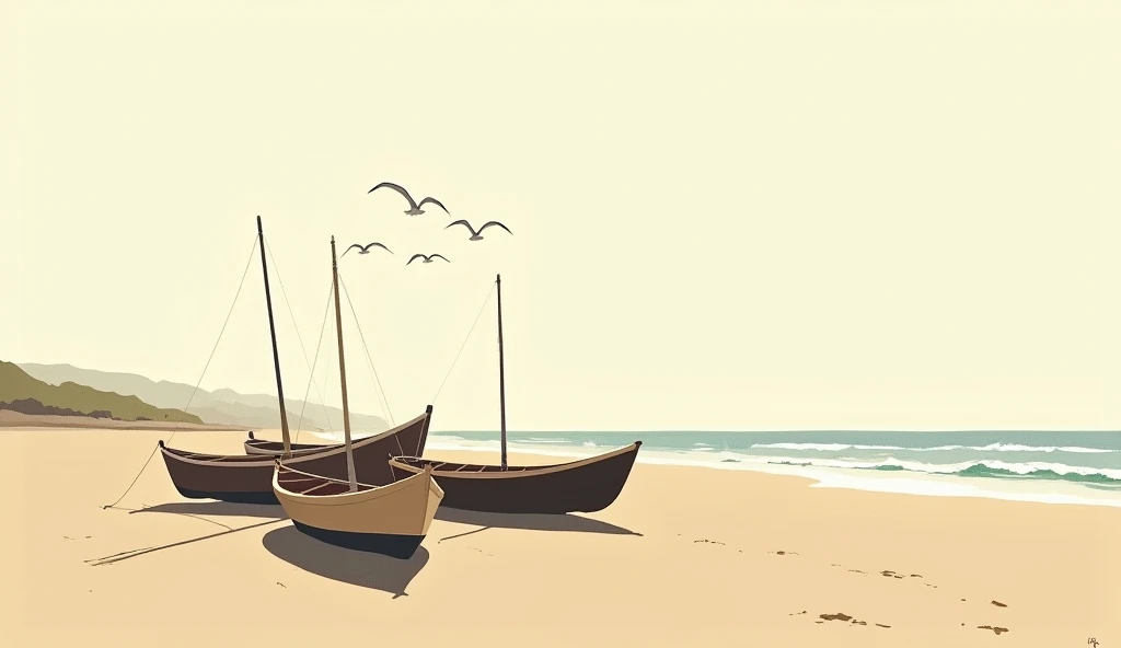 Boats on the beach on a sunny day with seagulls in the style of a minimalist oil painting