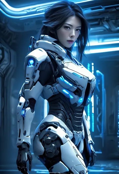 a female police officer wearing exoskeleton cyber armor, the armor fits snugly、he has a plasma gun in his hand., full body view,...